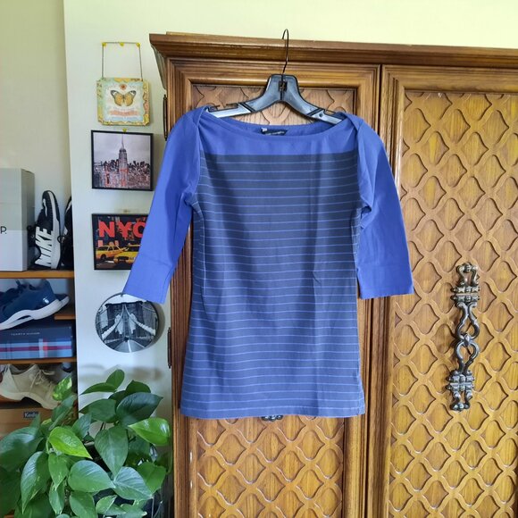 French Connection | Striped Banteau Boatneck Tee w Stretch! - Navy/Blue, Size XS - Picture 3 of 14